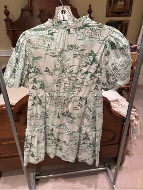 Sugarlips Cream Dress with Green Toile Print